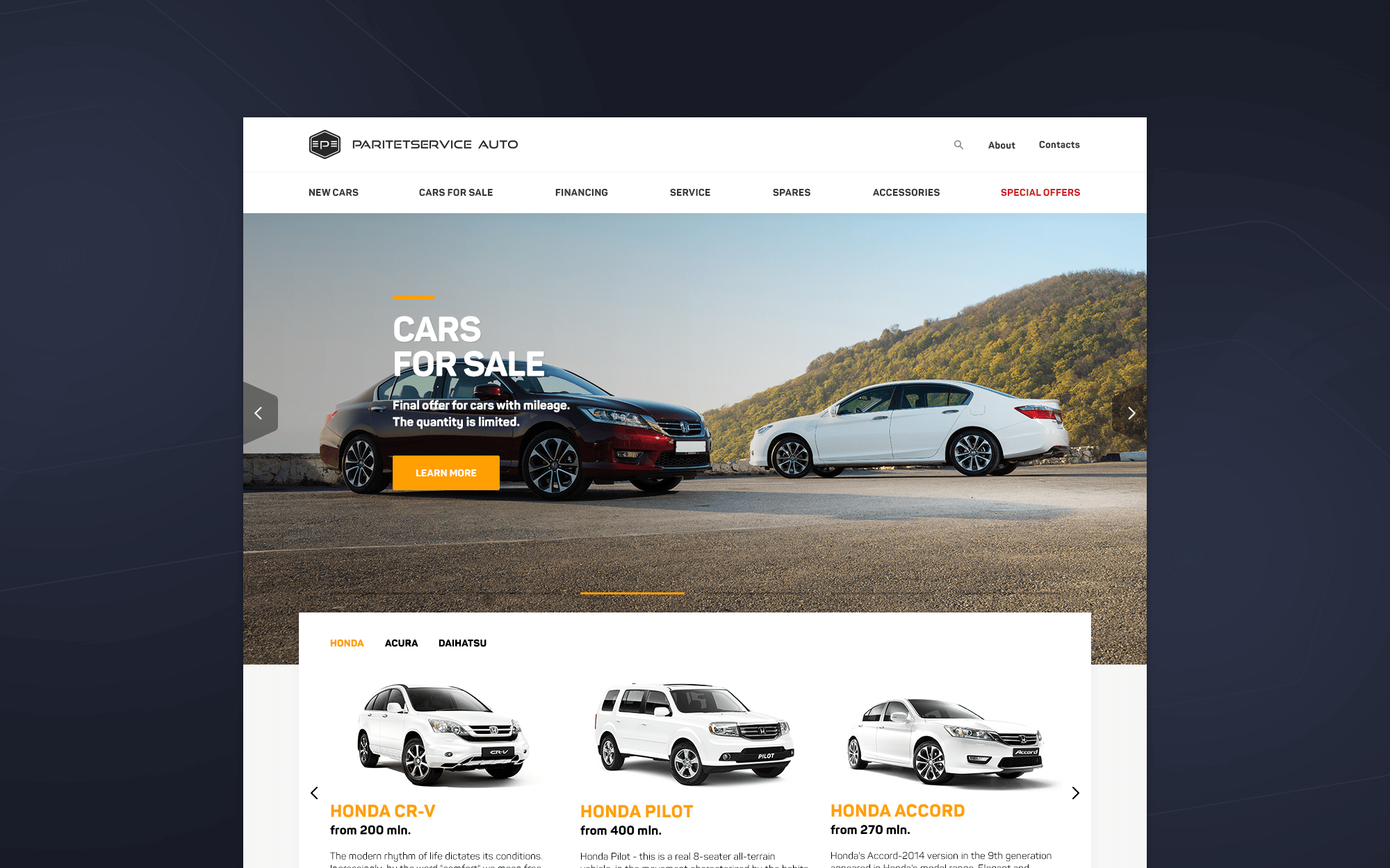 Honda dealer web-site's main page design